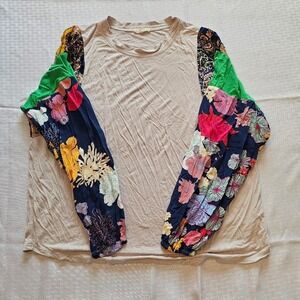 Easel Mixed Media Top Womens Small Tan Floral Paisley Patchwork Long Sleeve Boho
